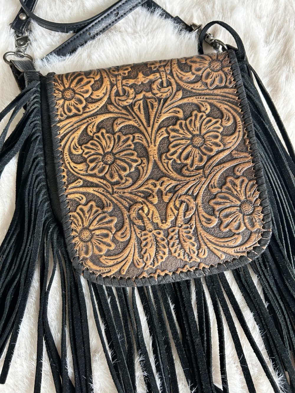Montana West Black & Brown Tooled Floral Fringe Crossbody Bag